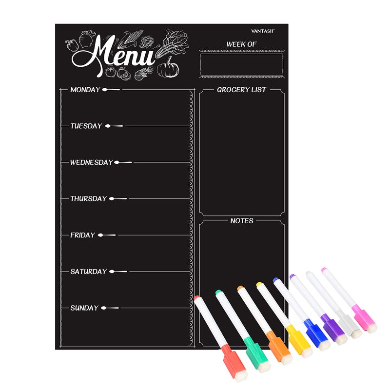 Vantasii Magnetic Refrigerator Chalkboard,Weekly Menu, Meal Planner, Grocery Shopping List, Dry Erase Board, for Kitchen Fridge with 8 Color Magnetic Markers (16inchx12inch) - Image 1